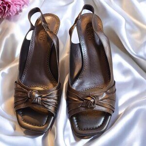 Franco Sarto Leather Bell Shaped Wedge Heel Metallic Copper Slingbacks  …